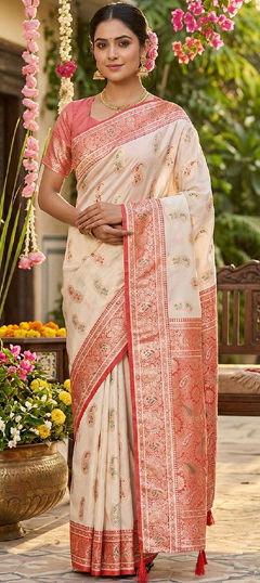 White and Off White color Saree in Blended, Silk fabric with Weaving work