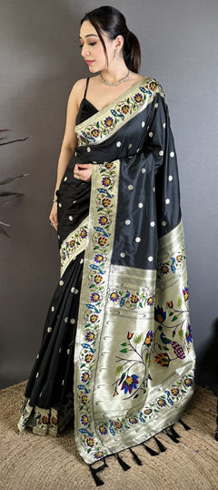 Black and Grey color Saree in Silk fabric with Weaving work