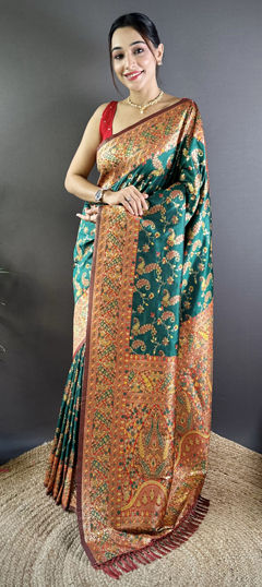 Green color Saree in Banarasi Silk fabric with Weaving work