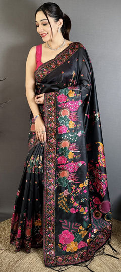 Black and Grey color Saree in Silk fabric with Printed work