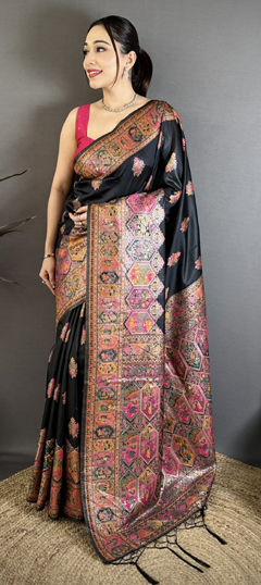 Black and Grey color Saree in Pashmina fabric with Weaving work