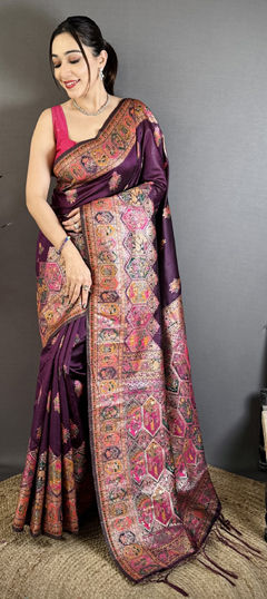 Purple and Violet color Saree in Pashmina fabric with Weaving work