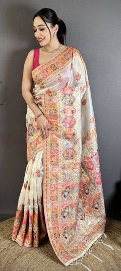 White and Off White color Saree in Pashmina fabric with Weaving work