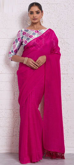 Pink and Majenta color Saree in Crushed Silk fabric with Thread work