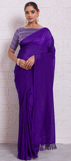 Purple and Violet color Saree in Crushed Silk fabric with Thread work