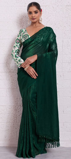 Green color Saree in Crushed Silk fabric with Thread work