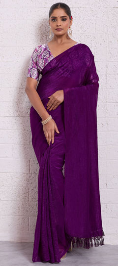 Purple and Violet color Saree in Crushed Silk fabric with Thread work