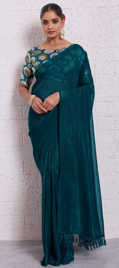 Blue color Saree in Crushed Silk fabric with Thread work