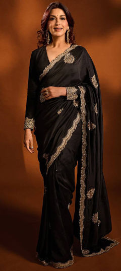 Black and Grey color Saree in Crushed Silk fabric with Embroidered work