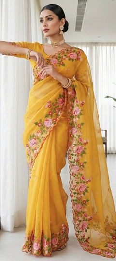 Yellow color Saree in Crushed Silk fabric with Embroidered work