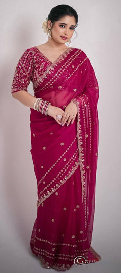 Red and Maroon color Saree in Satin Silk, Tissue fabric with Embroidered work