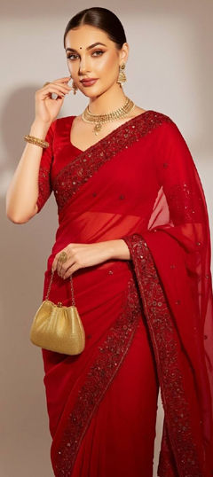 Red and Maroon color Saree in Satin Silk, Tissue fabric with Embroidered, Sequence work