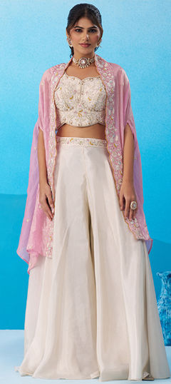 White and Off White color Salwar Kameez in Viscose fabric with Bugle Beads, Embroidered, Stone work
