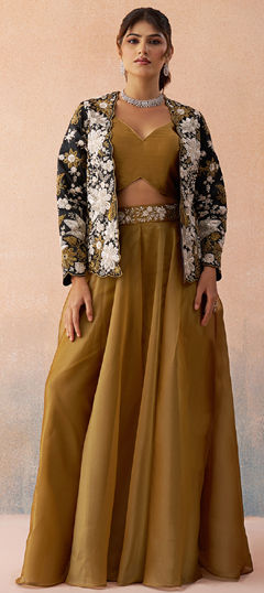 Yellow color Salwar Kameez in Tissue fabric with Bugle Beads, Embroidered, Stone work