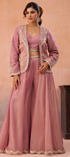 Pink and Majenta color Salwar Kameez in Tissue fabric with Bugle Beads, Embroidered, Stone work