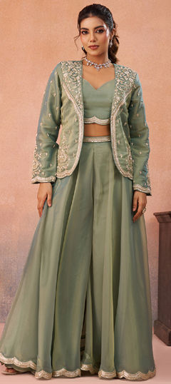 Green color Salwar Kameez in Tissue fabric with Bugle Beads, Embroidered, Stone work