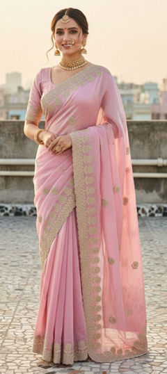 Pink and Majenta color Saree in Silk, Tissue fabric with Embroidered work