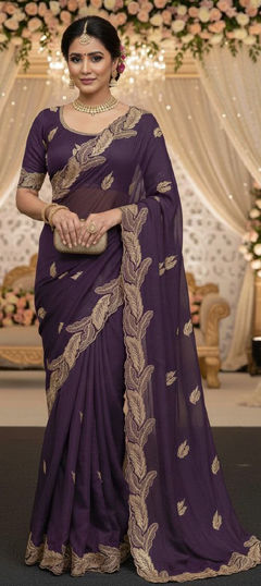 Purple and Violet color Saree in Georgette fabric with Embroidered work