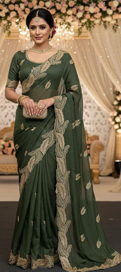 Green color Saree in Georgette fabric with Embroidered work