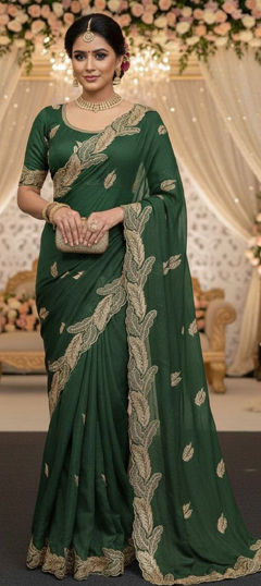 Green color Saree in Georgette fabric with Embroidered work