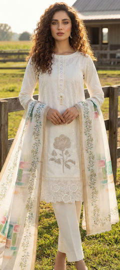 White and Off White color Salwar Kameez in Roman Silk fabric with Embroidered work