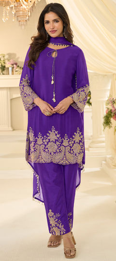 Purple and Violet color Salwar Kameez in Chinon Silk fabric with Bugle Beads, Embroidered, Sequence work