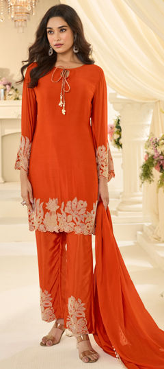 Orange color Salwar Kameez in Chinon Silk fabric with Bugle Beads, Embroidered, Sequence work