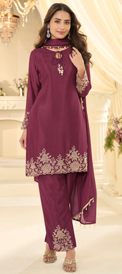 Purple and Violet color Salwar Kameez in Chinon Silk fabric with Bugle Beads, Embroidered, Sequence work