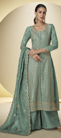 Green color Salwar Kameez in Silk fabric with Embroidered, Mirror work