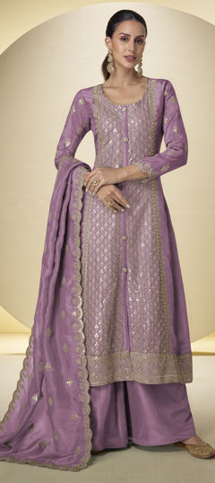 Pink and Majenta color Salwar Kameez in Silk fabric with Embroidered, Mirror work
