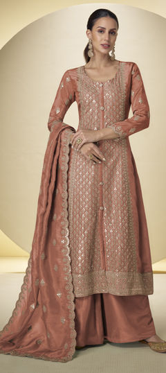 Orange color Salwar Kameez in Silk fabric with Embroidered, Mirror work