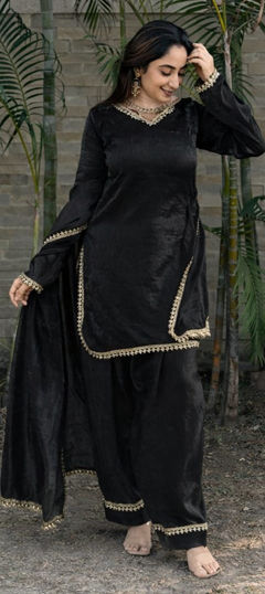 Black and Grey color Salwar Kameez in Satin Silk, Tissue fabric with Lace work
