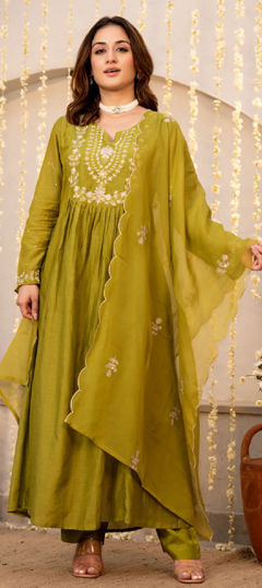 Green color Salwar Kameez in Chanderi Silk fabric with Embroidered, Thread work