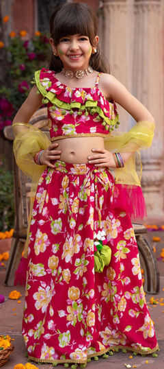 Pink and Majenta color Kids Lehenga in Cotton fabric with Floral, Lace, Printed work