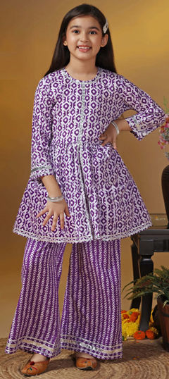 Purple and Violet color Kids Salwar in Cotton fabric with Printed work
