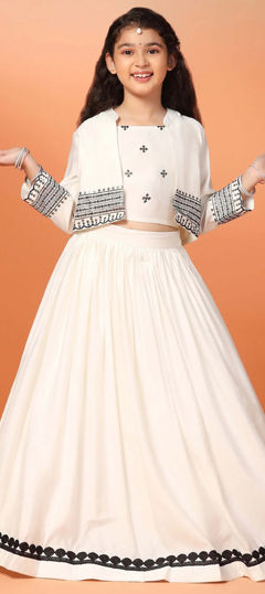 White and Off White color Kids Lehenga in Roman Silk fabric with Embroidered work