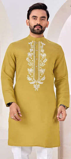 Yellow color Kurta in Roman Silk fabric with Embroidered work