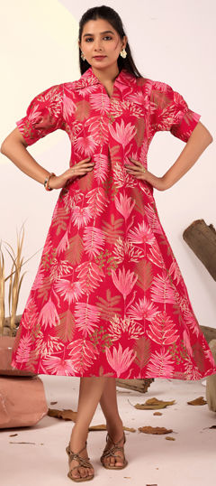 Pink and Majenta color Dress in Rayon fabric with Foil Print work