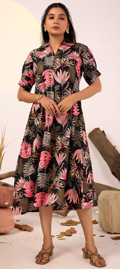 Black and Grey color Dress in Rayon fabric with Foil Print work