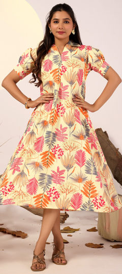 Beige and Brown color Dress in Rayon fabric with Foil Print work