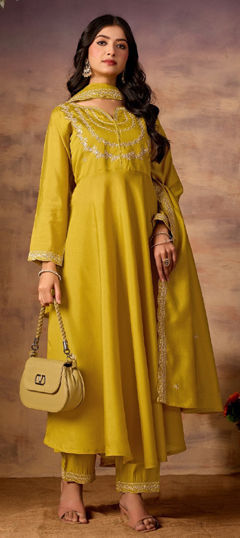 Yellow color Salwar Kameez in Roman Silk fabric with Embroidered work