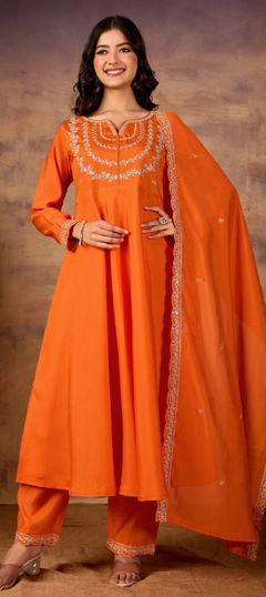 Orange color Salwar Kameez in Roman Silk fabric with Embroidered work