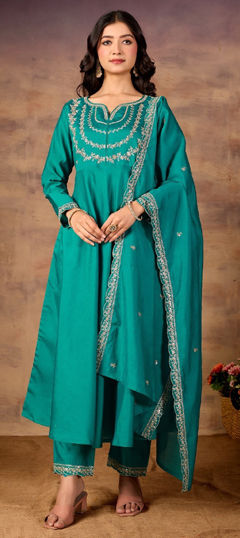 Green color Salwar Kameez in Roman Silk fabric with Embroidered work