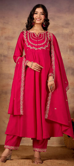 Pink and Majenta color Salwar Kameez in Roman Silk fabric with Embroidered work