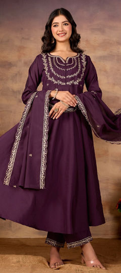 Purple and Violet color Salwar Kameez in Roman Silk fabric with Embroidered work