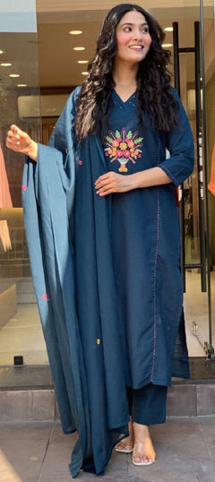 Blue color Salwar Kameez in Rayon, Viscose fabric with Embroidered, Sequence work