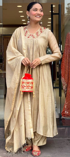 White and Off White color Salwar Kameez in Chanderi Silk, Viscose fabric with Embroidered, Sequence work