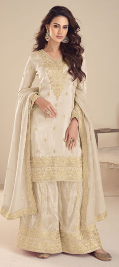 White and Off White color Salwar Kameez in Silk fabric with Embroidered work