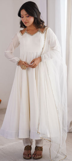 White and Off White color Salwar Kameez in Chanderi Silk, Roman Silk fabric with Lace, Mirror work