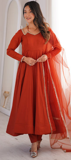 Beige and Brown color Salwar Kameez in Chanderi Silk, Roman Silk fabric with Lace, Mirror work